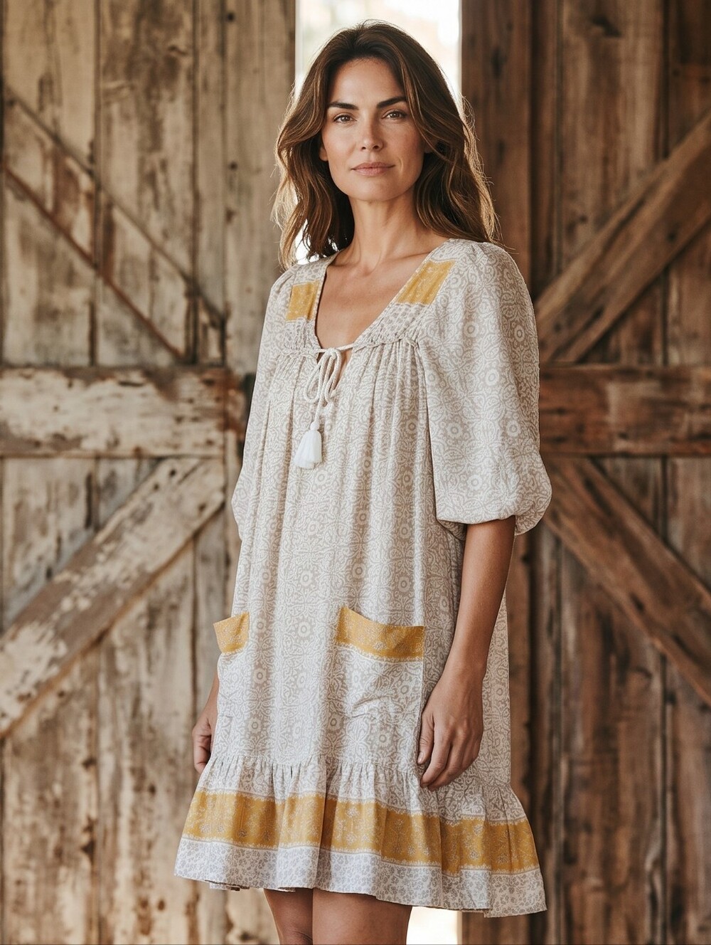 Free People Beige Dress with Mustard Trim
